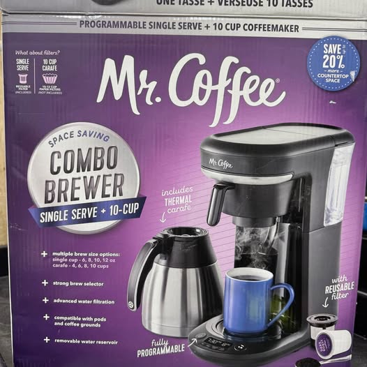 Mr. Coffee Pod + 10-Cup Thermal Coffee Maker, Space-Saving and Programmable, Stainless Steel/Black