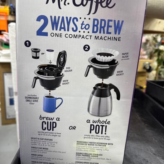 Mr. Coffee Pod + 10-Cup Thermal Coffee Maker, Space-Saving and Programmable, Stainless Steel/Black