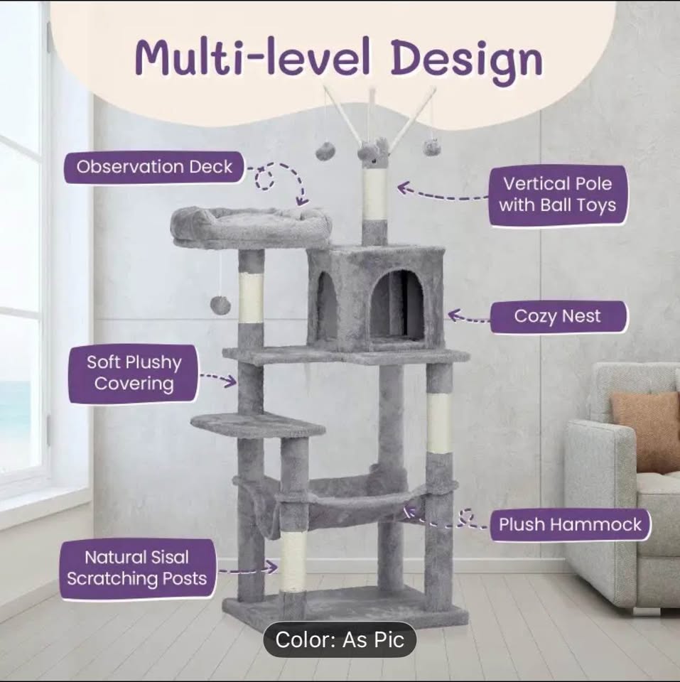 57 inch Cat Tree Cat Tower for Indoor Cats Cat House with Padded Platform Bed Toy Balls Large Cozy C
