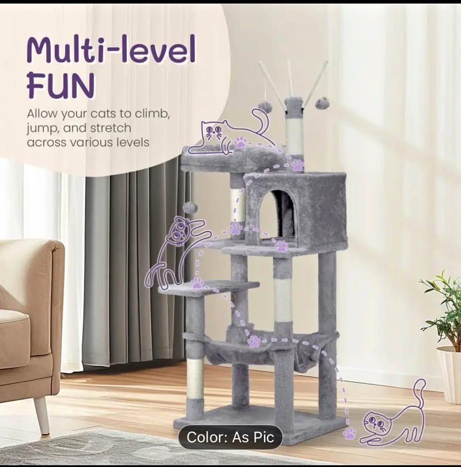57 inch Cat Tree Cat Tower for Indoor Cats Cat House with Padded Platform Bed Toy Balls Large Cozy C