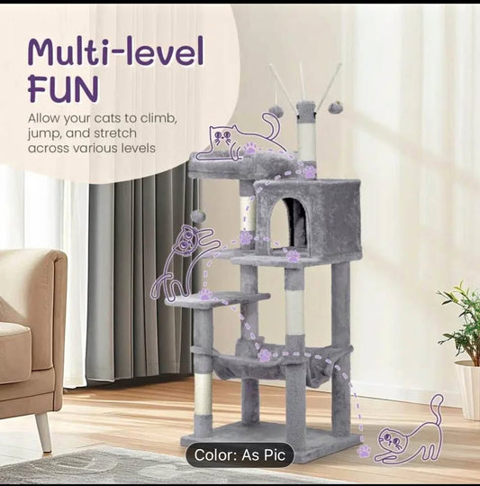 57 inch Cat Tree Cat Tower for Indoor Cats Cat House with Padded Platform Bed Toy Balls Large Cozy C