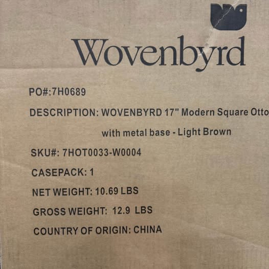 Wovenbyrd DESCRIPTION: WOVENBYRD 17" Modern Square Ottoman with metal base - Light Brown